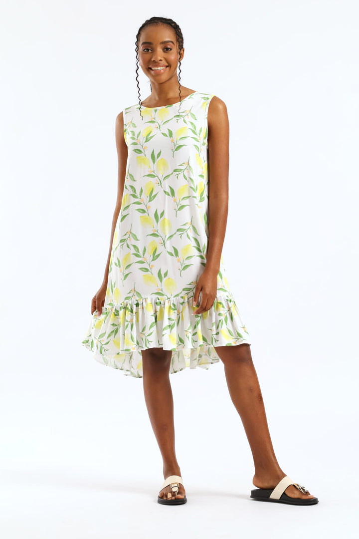 Frill Hem Hi-Lo Print Shift Mini Dress - White/Yellow