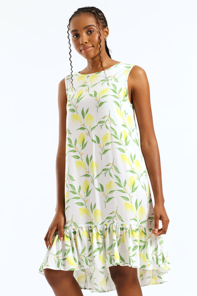 Frill Hem Hi-Lo Print Shift Mini Dress - White/Yellow
