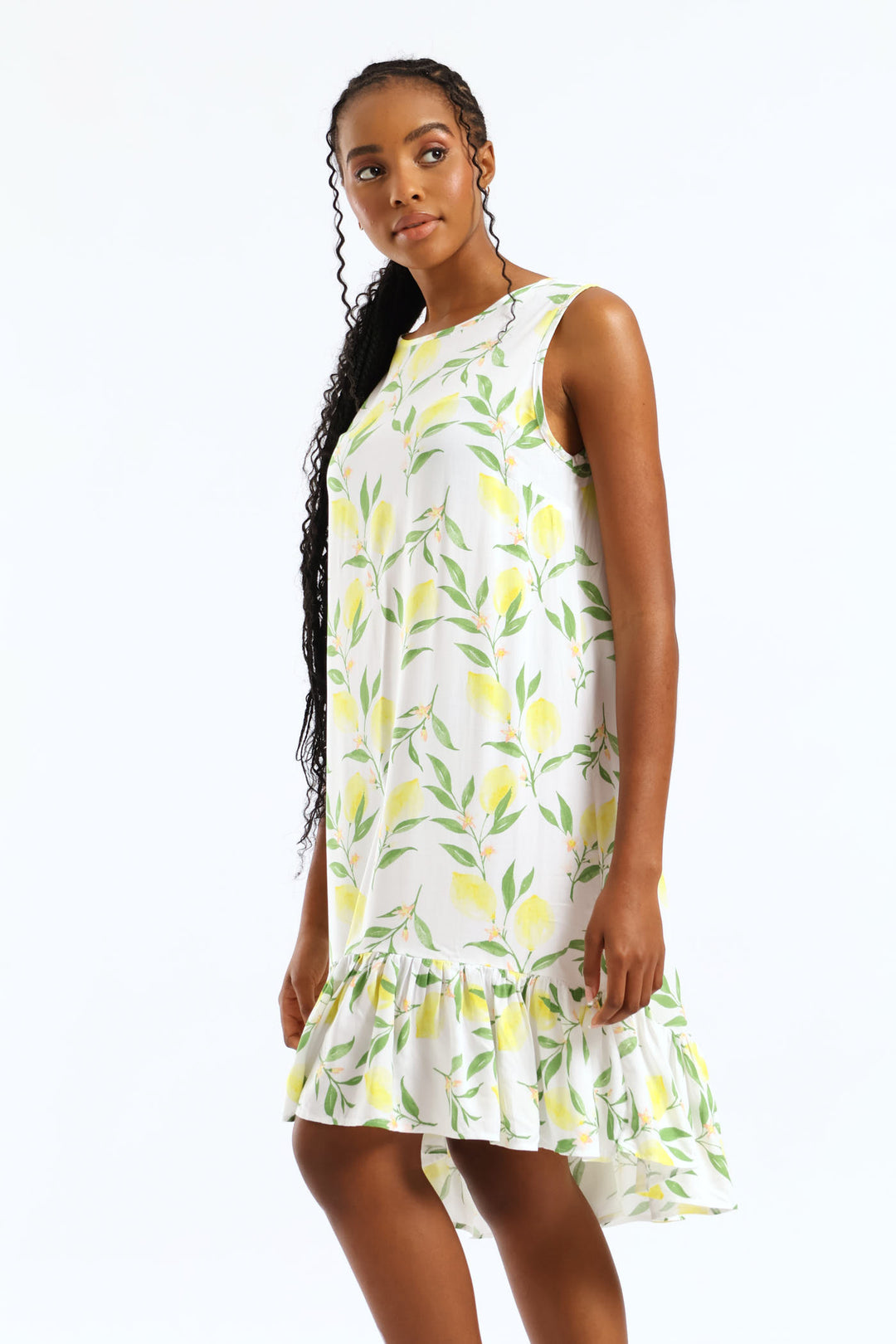 Frill Hem Hi-Lo Print Shift Mini Dress - White/Yellow