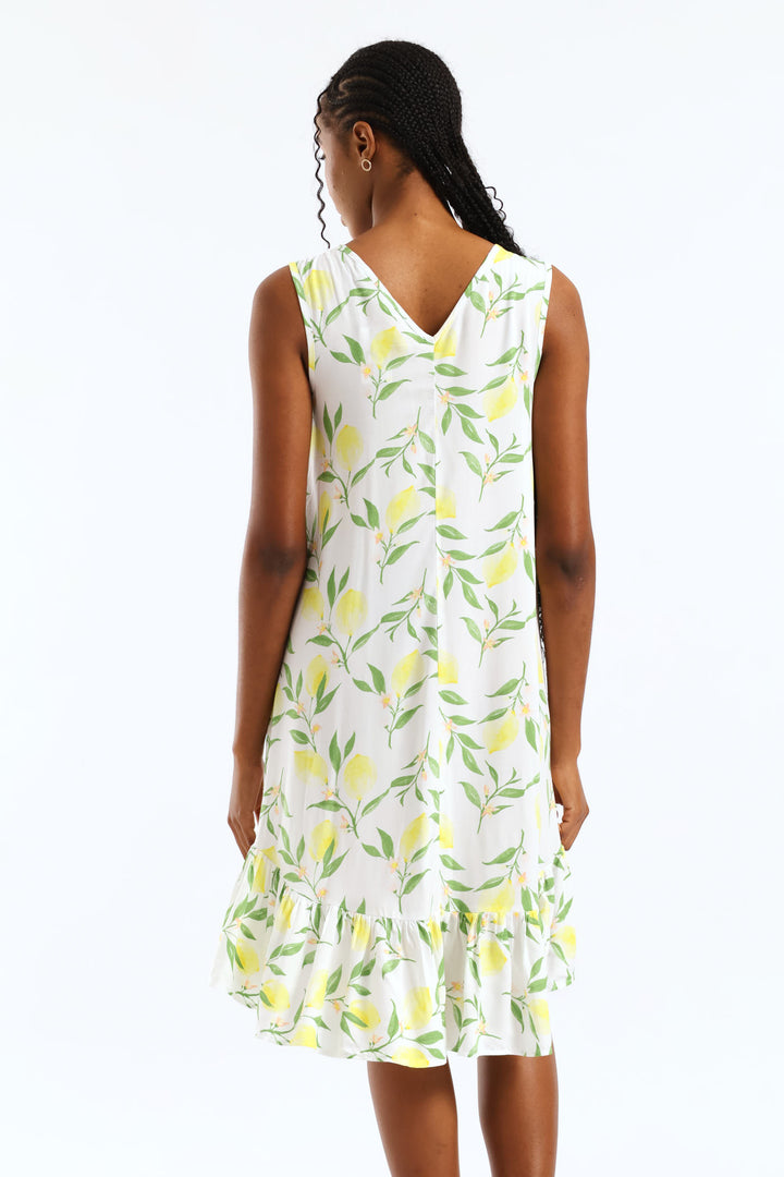 Frill Hem Hi-Lo Print Shift Mini Dress - White/Yellow