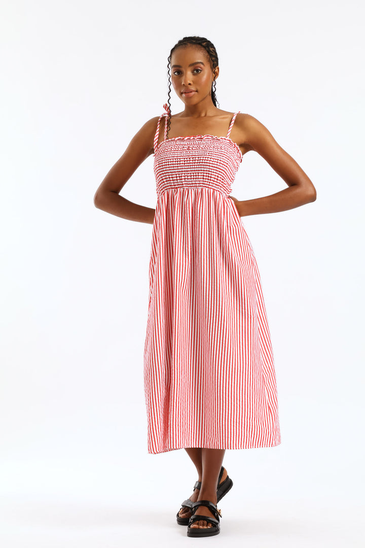 Tie Strap Shirred Bodice Seesucker Stripe Fit & Flare Midi Dress - White/Red