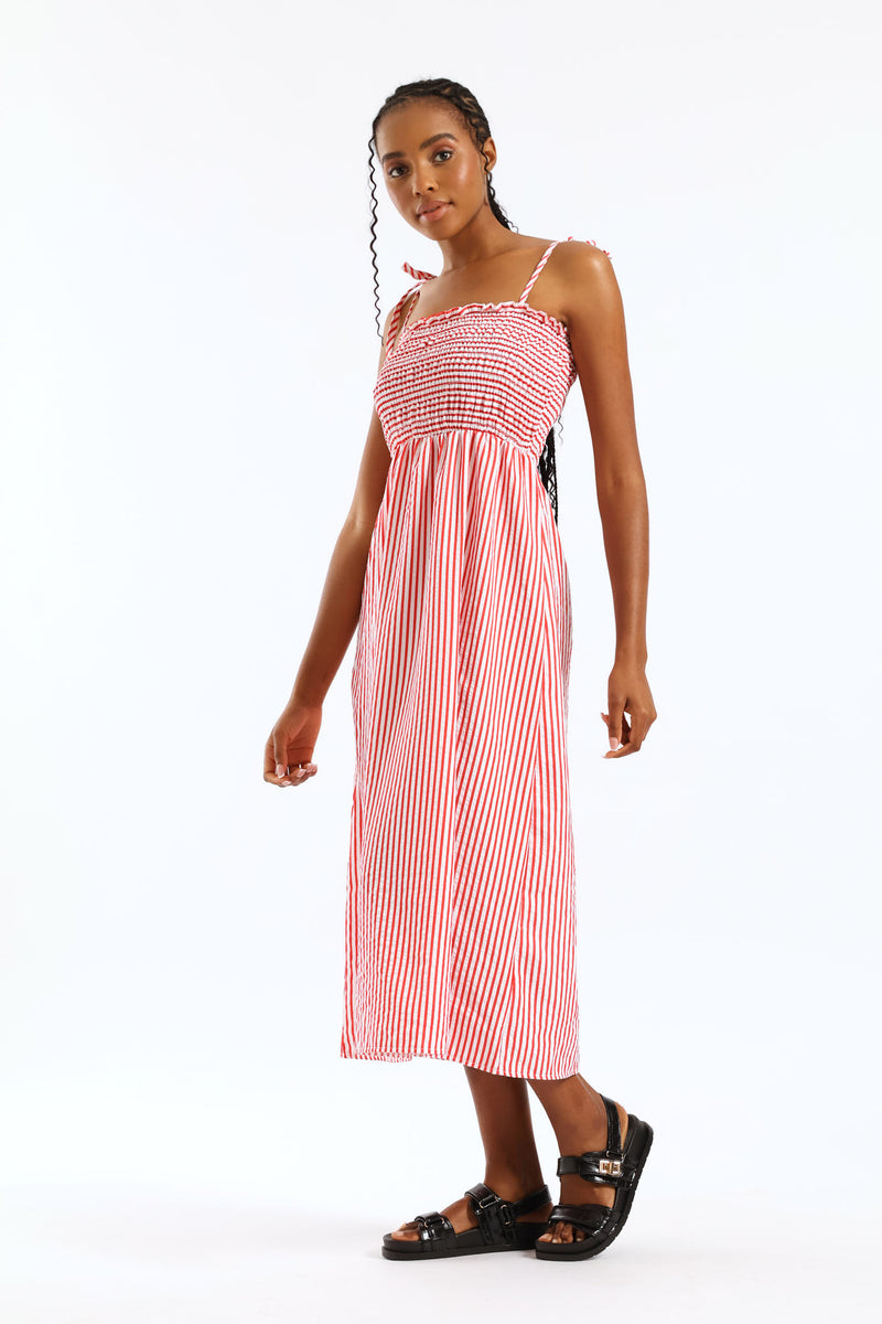 Tie Strap Shirred Bodice Seesucker Stripe Fit & Flare Midi Dress - White/Red