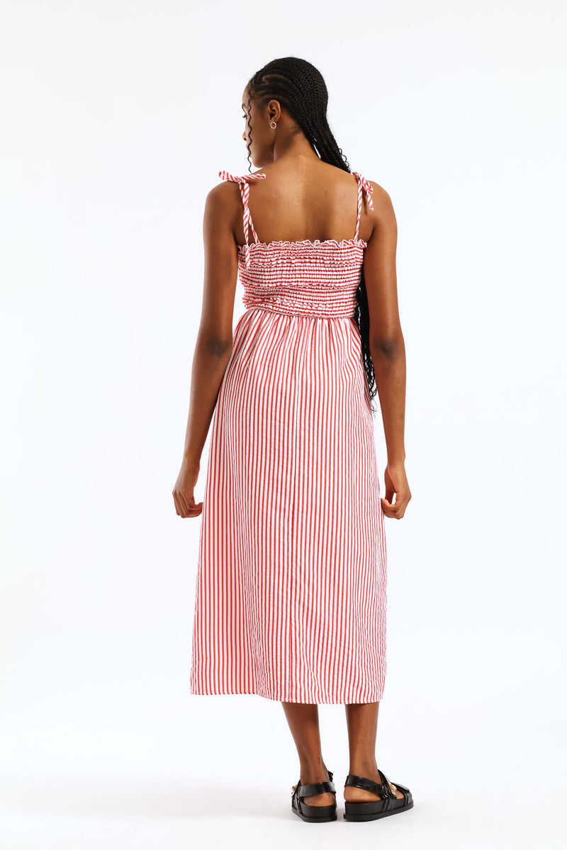 Tie Strap Shirred Bodice Seesucker Stripe Fit & Flare Midi Dress - White/Red