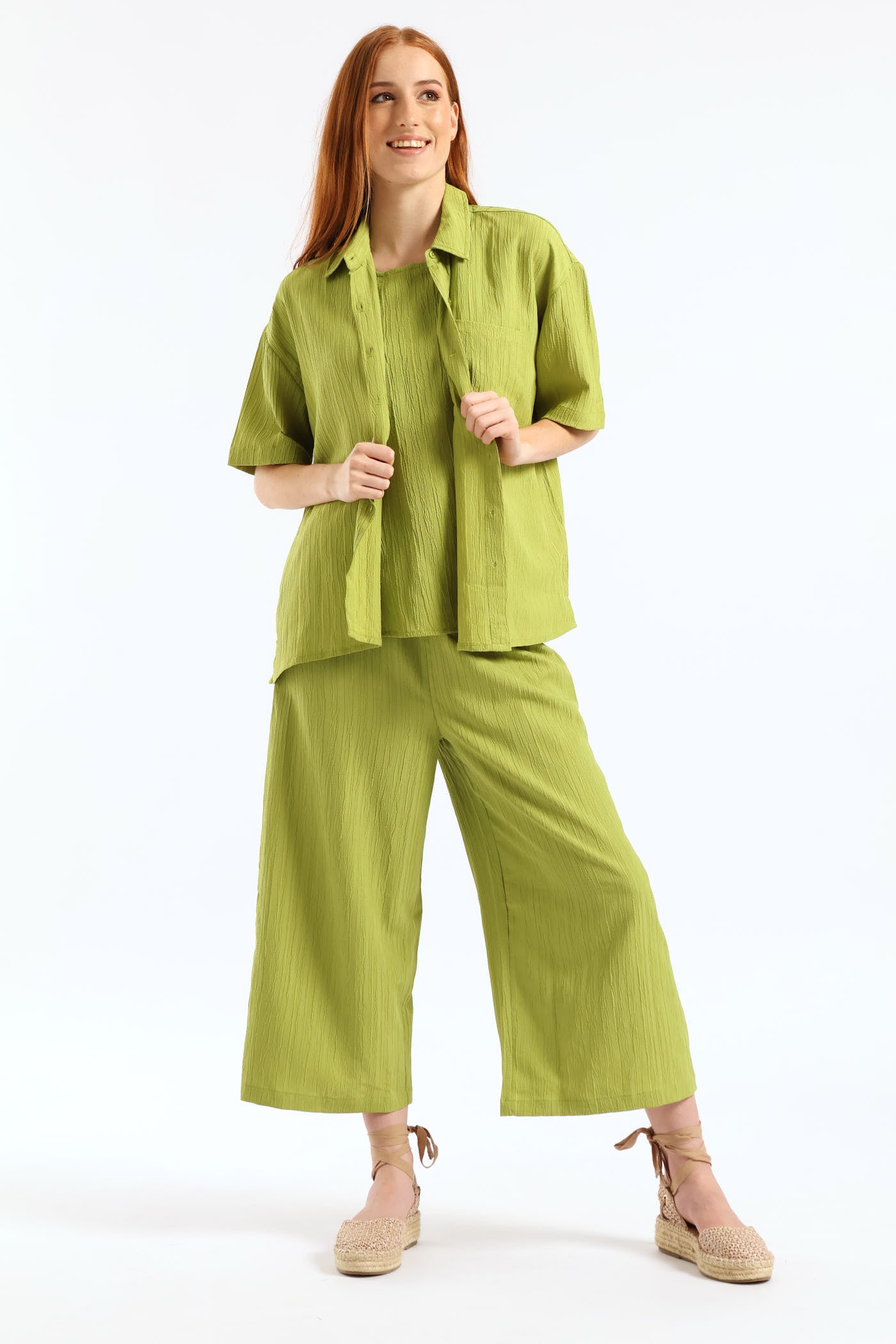 Ladies Pull On Textured Crinkle Culotte Pant - Chartreuse – Edgars
