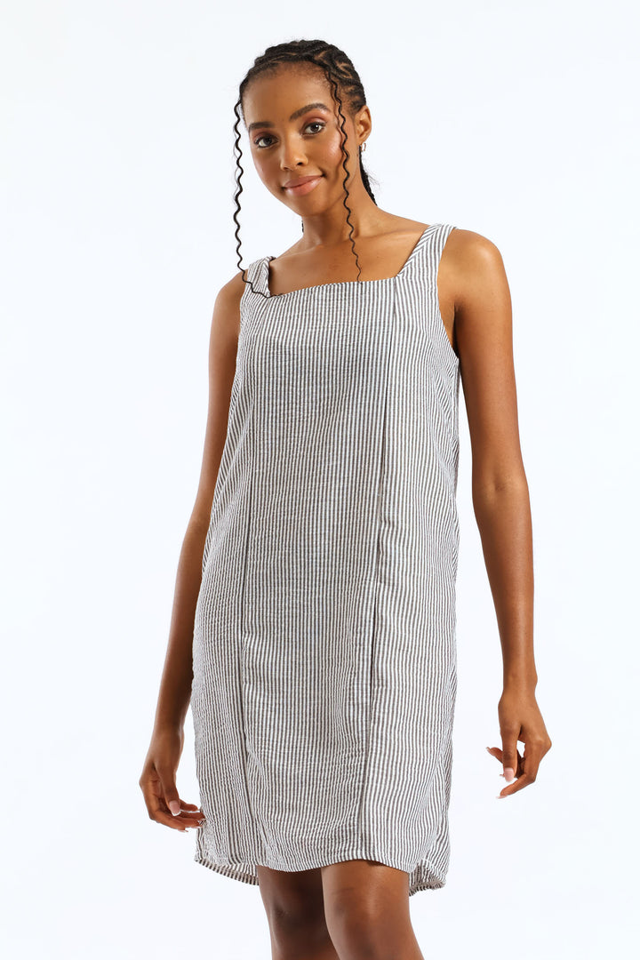 Square Neck Linen Stripe Pinni Mini Dress - Black/White
