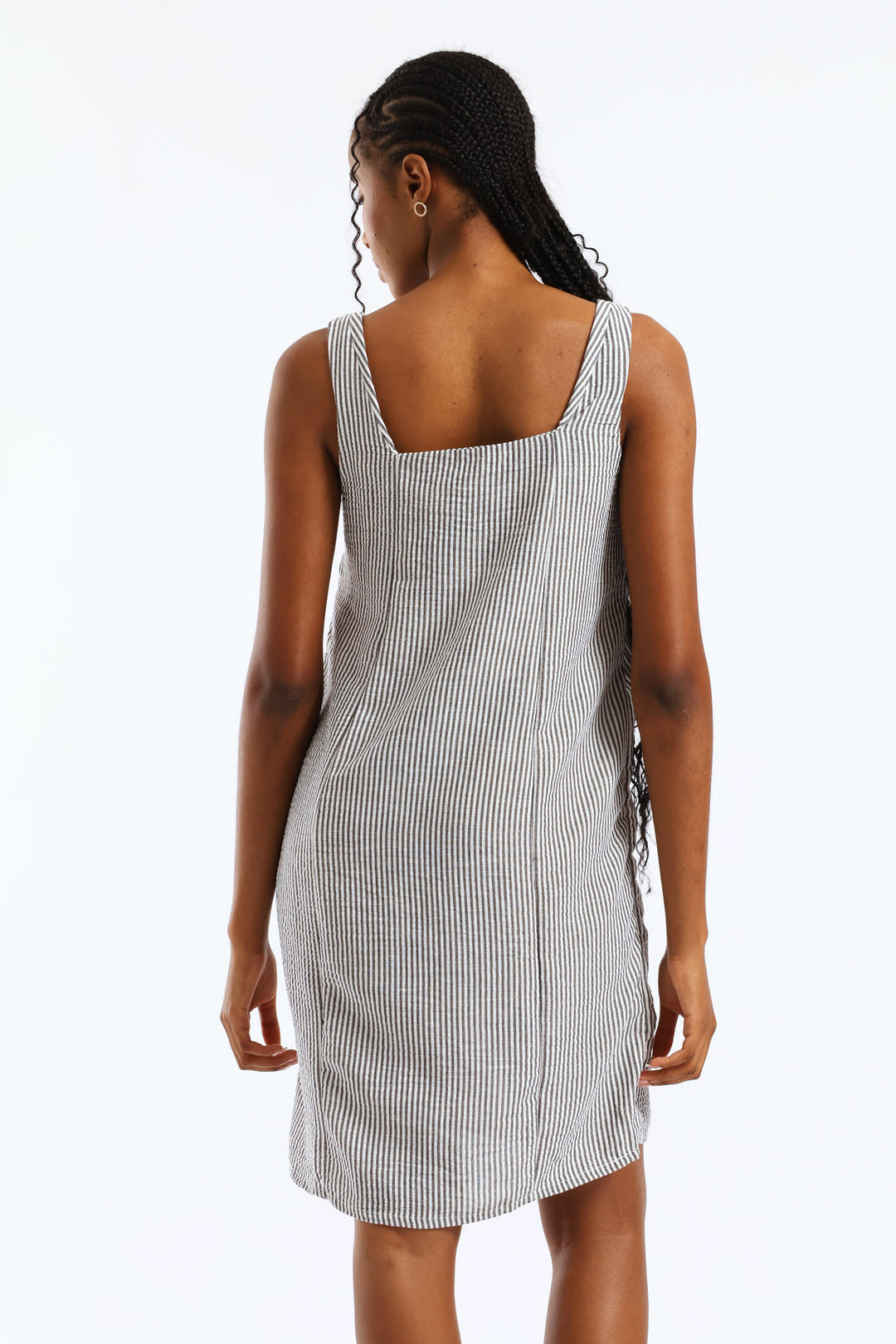 Square Neck Linen Stripe Pinni Mini Dress - Black/White