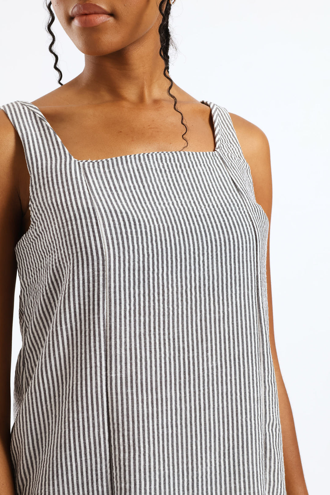 Square Neck Linen Stripe Pinni Mini Dress - Black/White