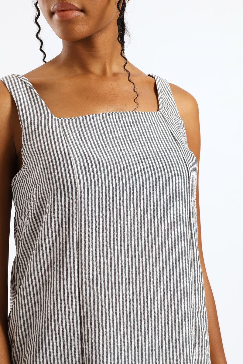 Square Neck Linen Stripe Pinni Mini Dress - Black/White