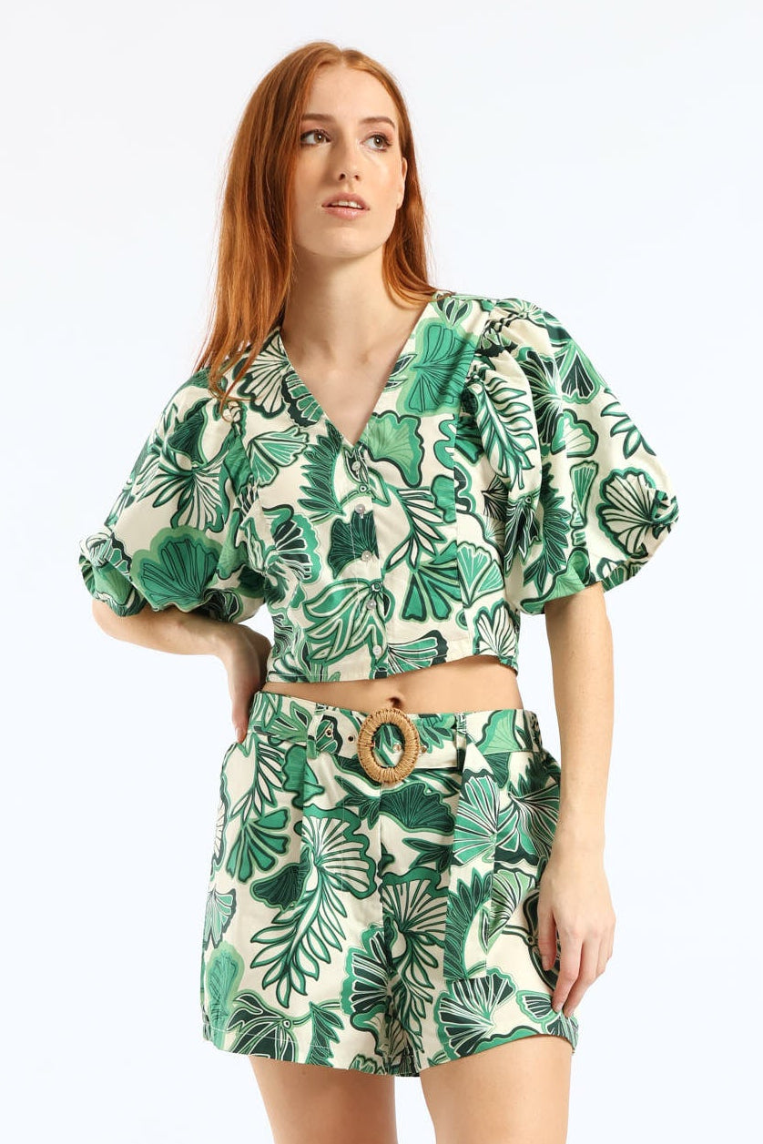 V-Neck Bubble Batwing Button Through Crop Top - Cream/Green