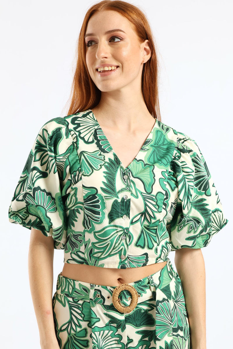 V-Neck Bubble Batwing Button Through Crop Top - Cream/Green