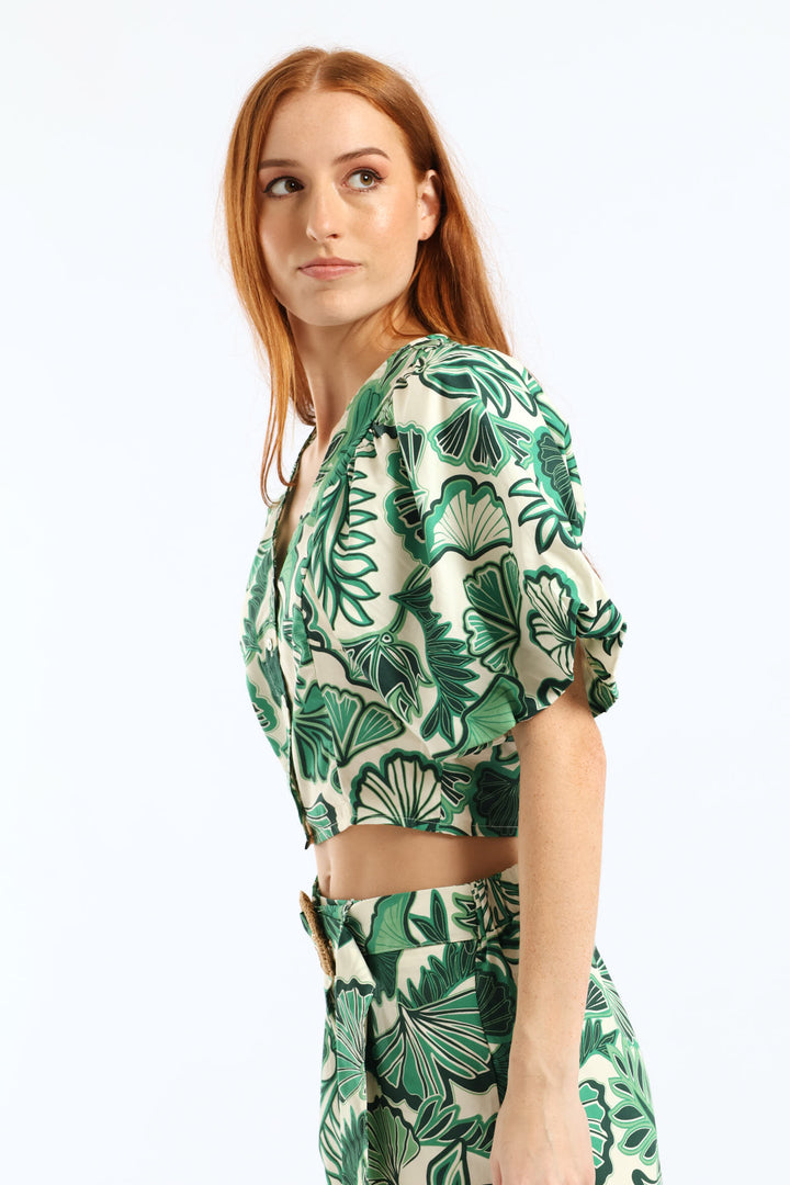 V-Neck Bubble Batwing Button Through Crop Top - Cream/Green