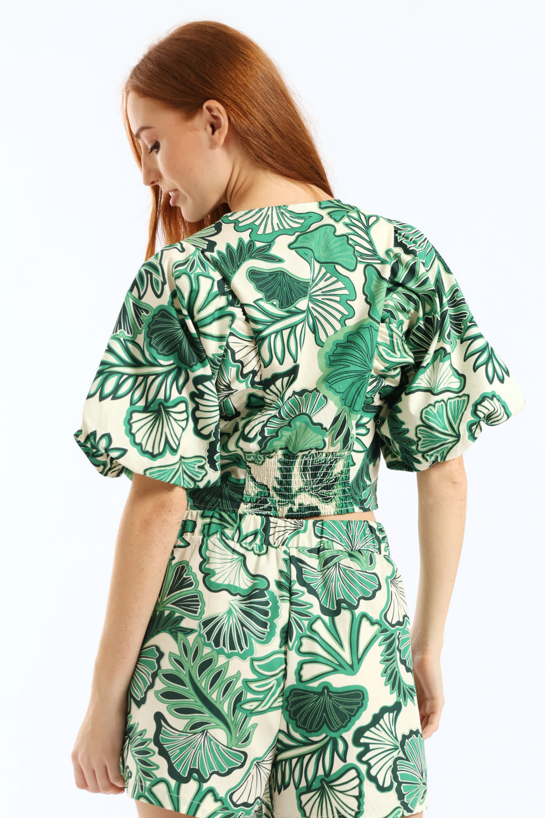 V-Neck Bubble Batwing Button Through Crop Top - Cream/Green