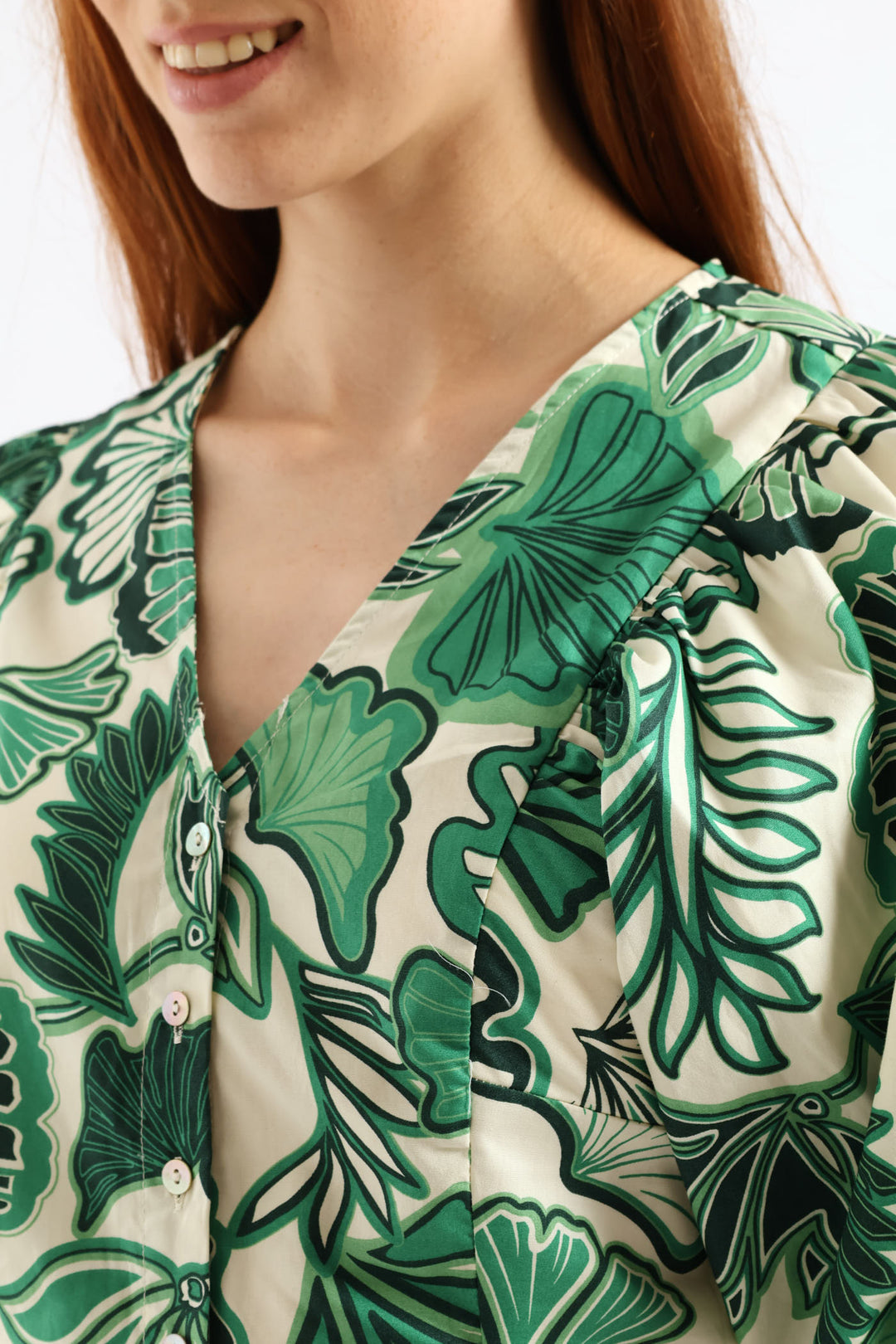 V-Neck Bubble Batwing Button Through Crop Top - Cream/Green