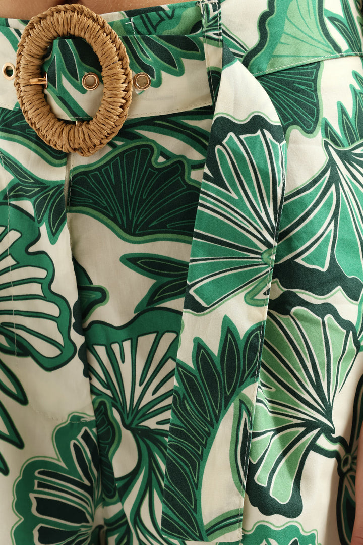 O-Ring Belted Mid Thigh Short - Cream/Green