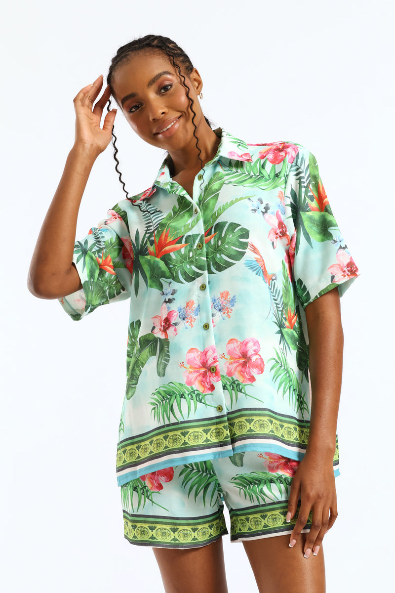 Oversized Border Print Shirt - White