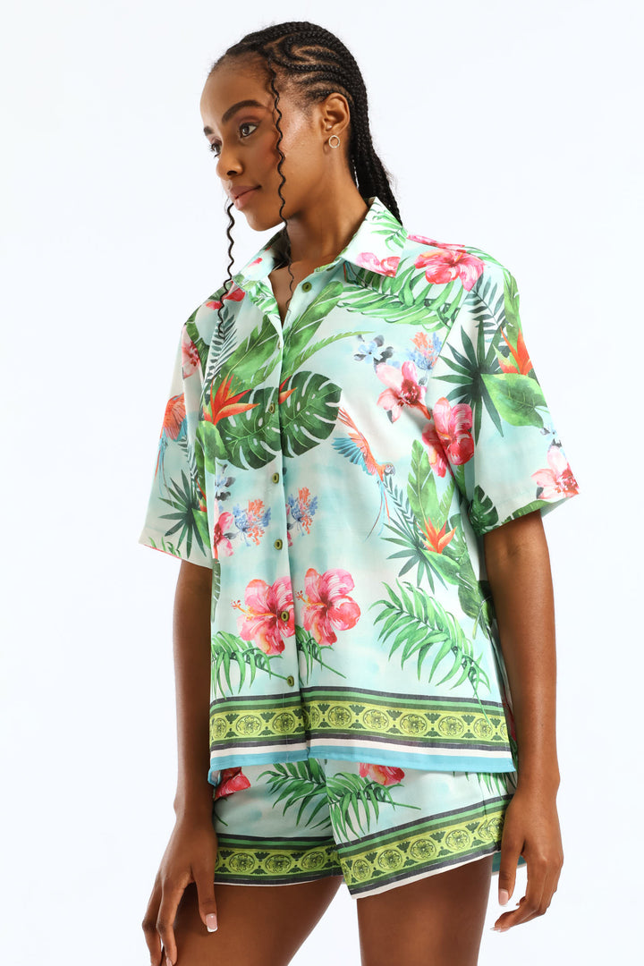 Oversized Border Print Shirt - White