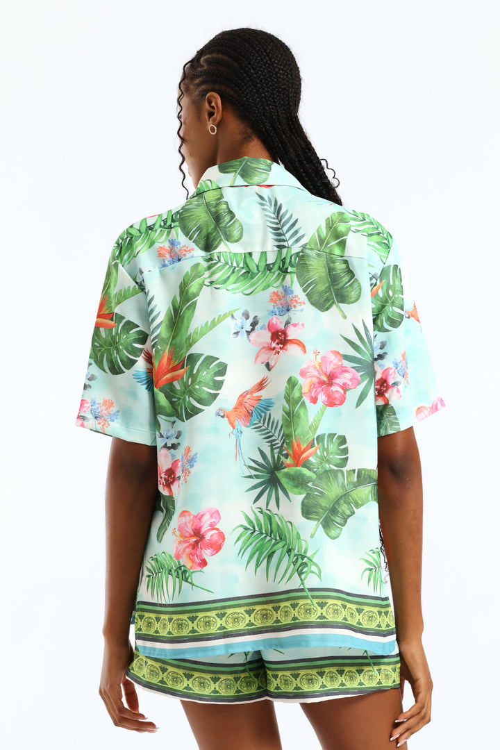 Oversized Border Print Shirt - White