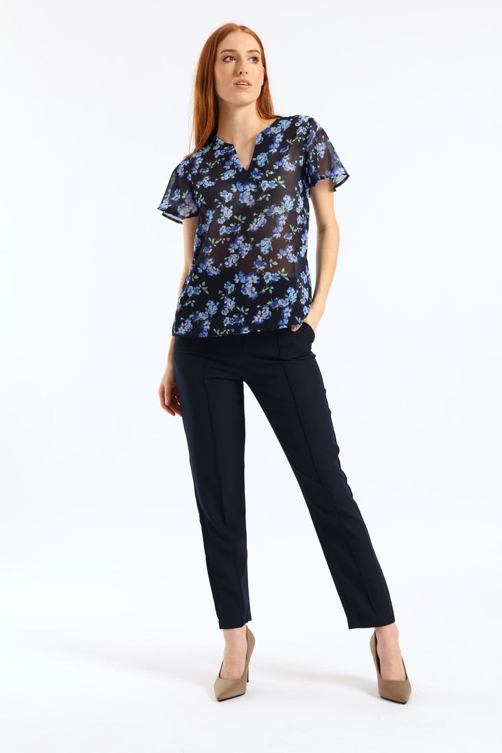 V-Neck Floral Blouse - Navy