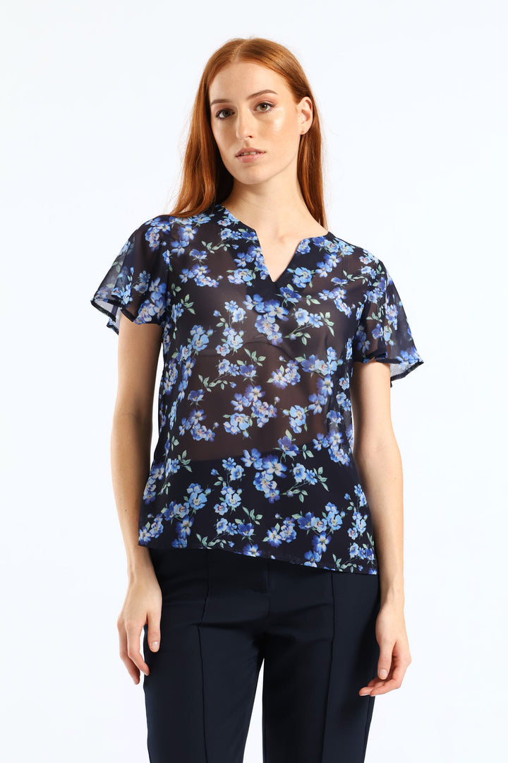 V-Neck Floral Blouse - Navy