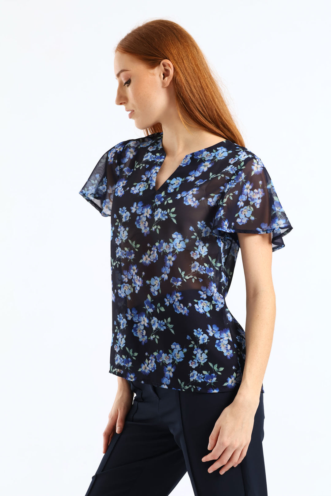 V-Neck Floral Blouse - Navy