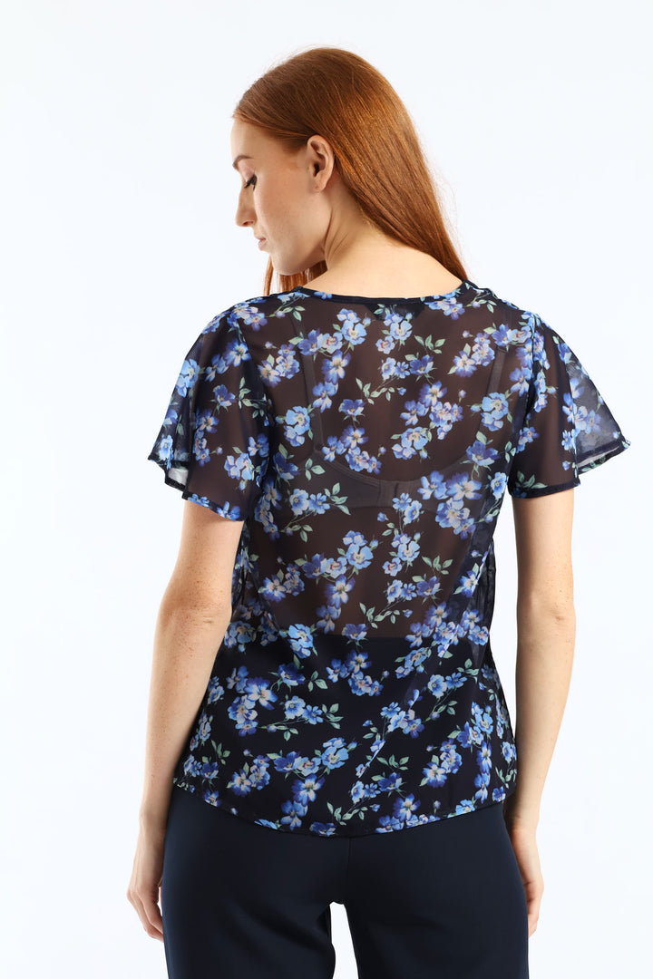 V-Neck Floral Blouse - Navy