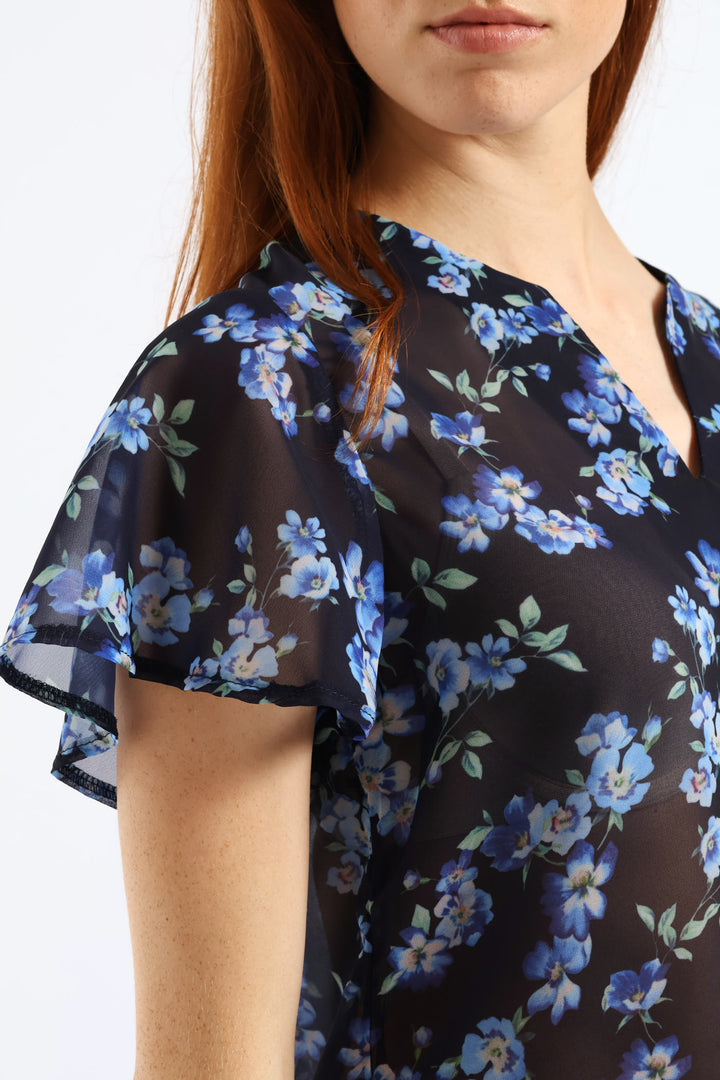 V-Neck Floral Blouse - Navy
