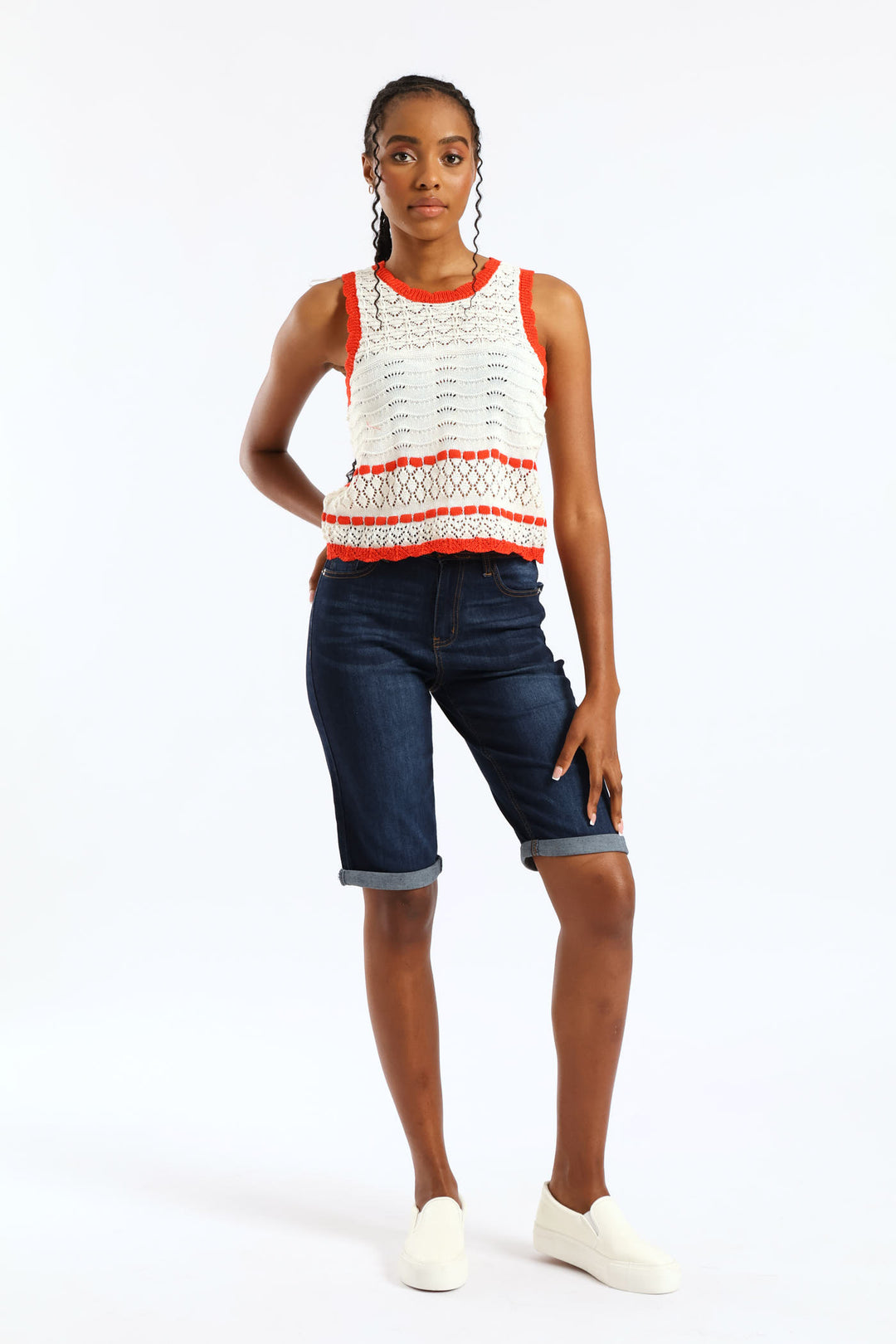 Contrast Scallop Detail Pointelle Knitwear Top - White/Orange