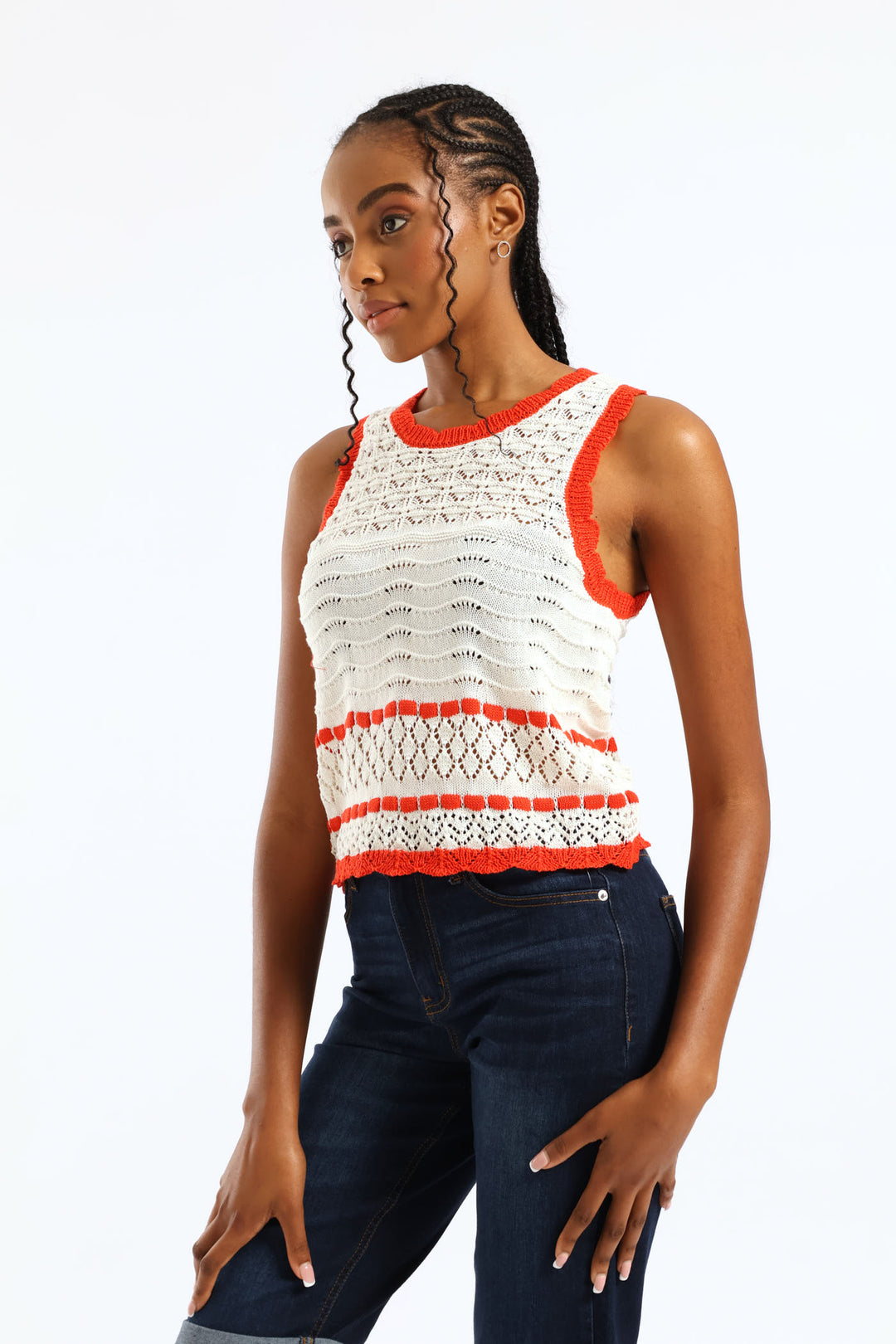 Contrast Scallop Detail Pointelle Knitwear Top - White/Orange