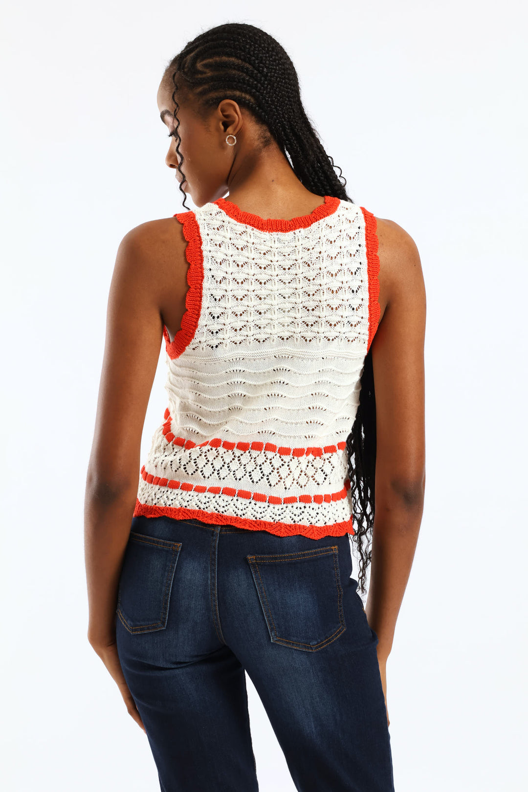Contrast Scallop Detail Pointelle Knitwear Top - White/Orange