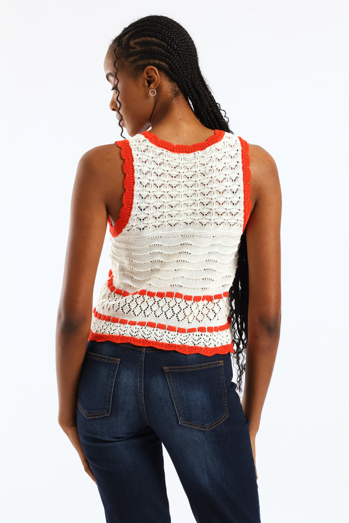 Contrast Scallop Detail Pointelle Knitwear Top - White/Orange