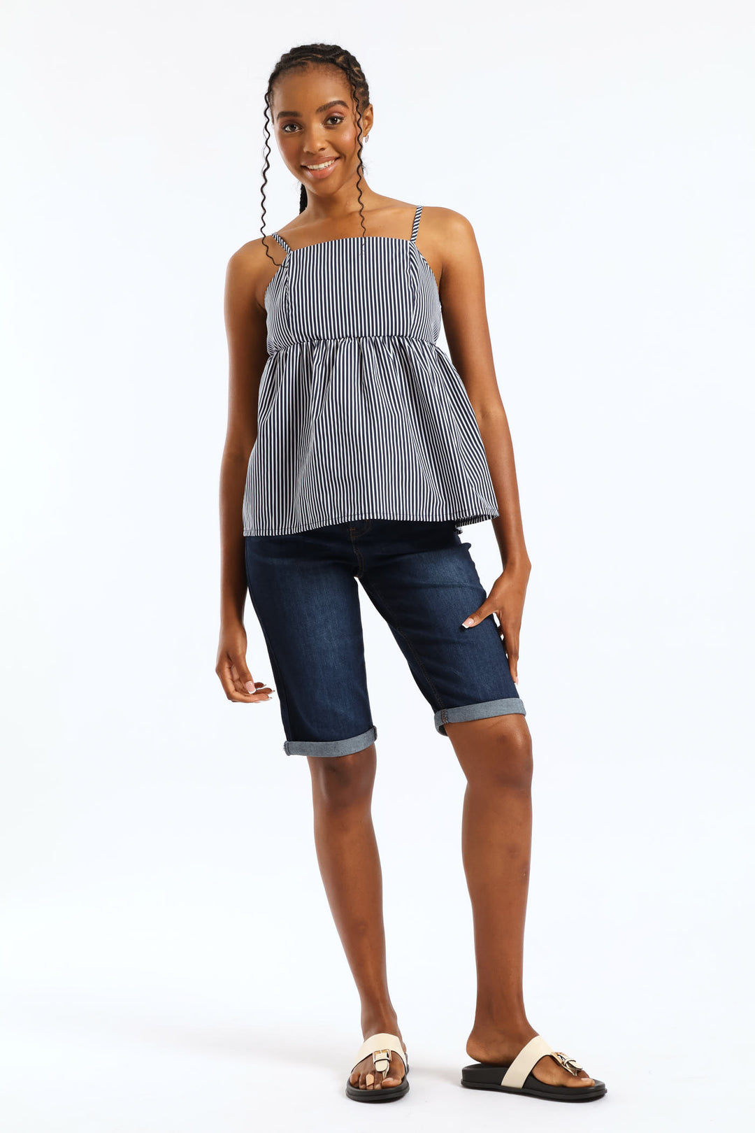 Strappy Back Babydoll Top - Navy/White