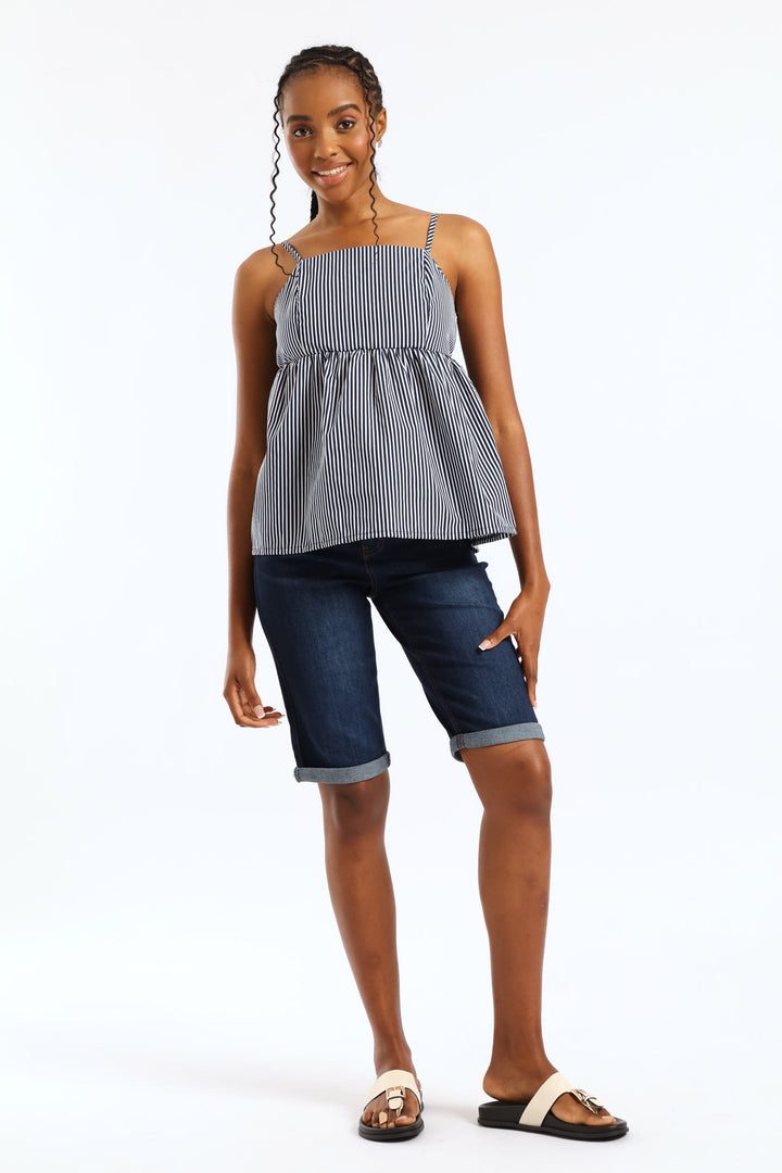 Strappy Back Babydoll Top - Navy/White
