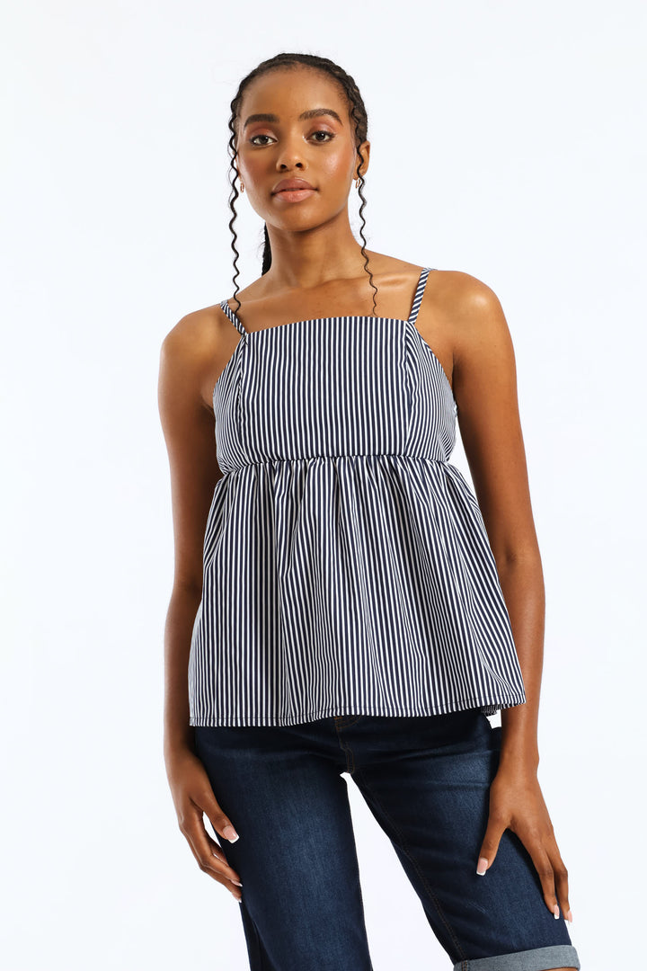 Strappy Back Babydoll Top - Navy/White