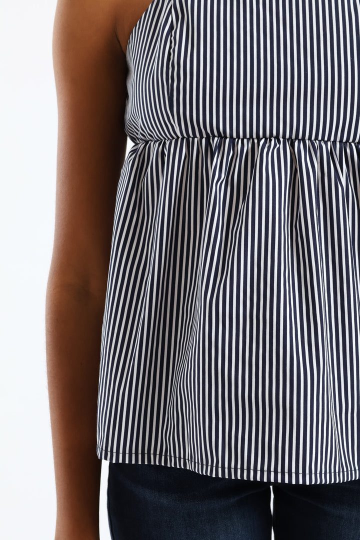 Strappy Back Babydoll Top - Navy/White