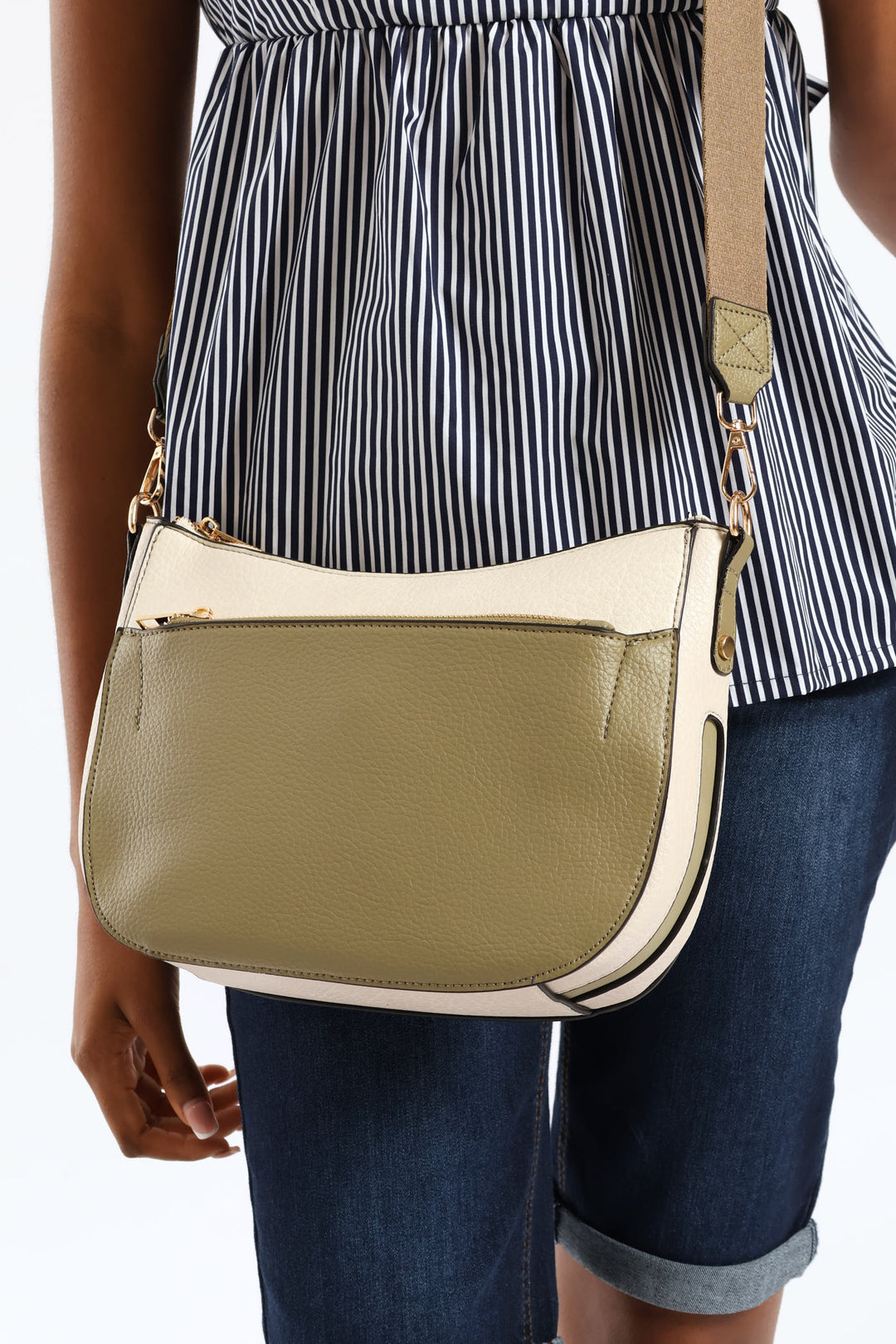 Colour Block Front Zip Curved Crossbody Bag - Olive