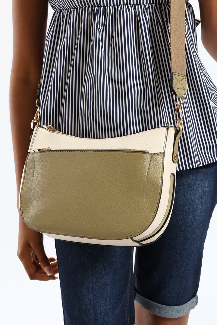 Colour Block Front Zip Curved Crossbody Bag - Olive