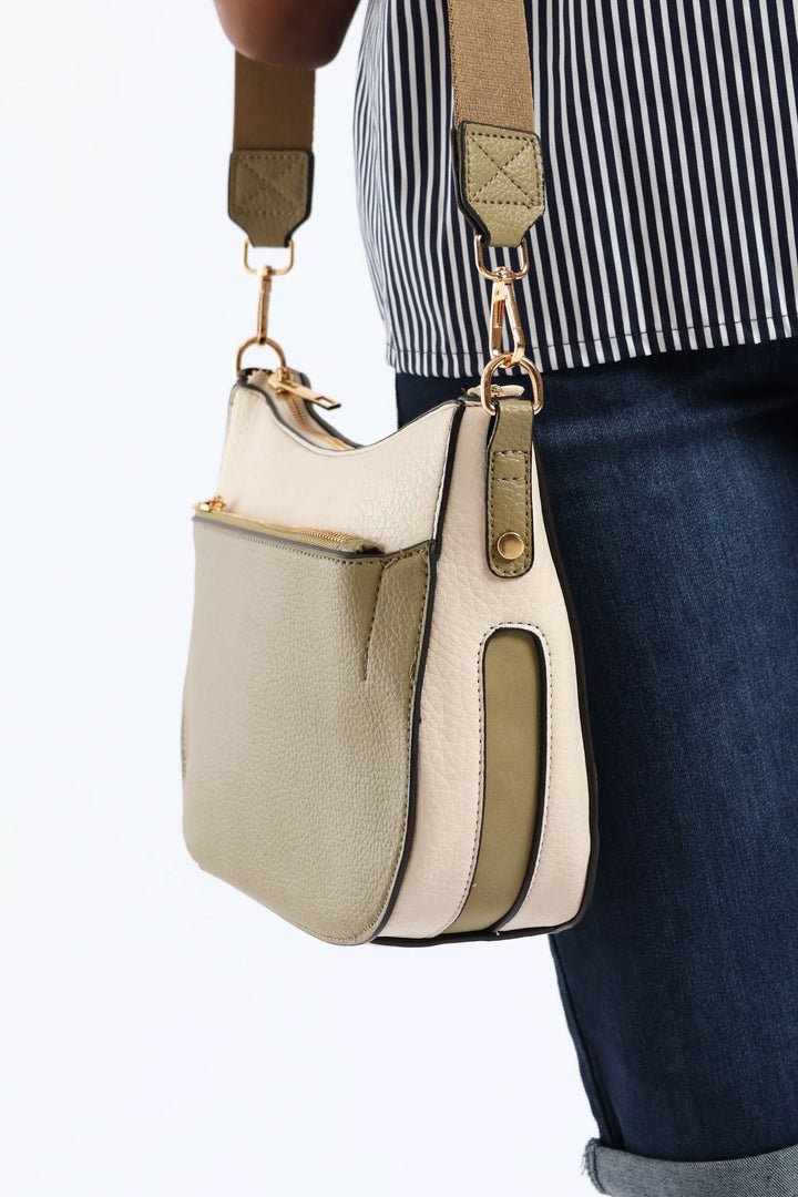 Colour Block Front Zip Curved Crossbody Bag - Olive