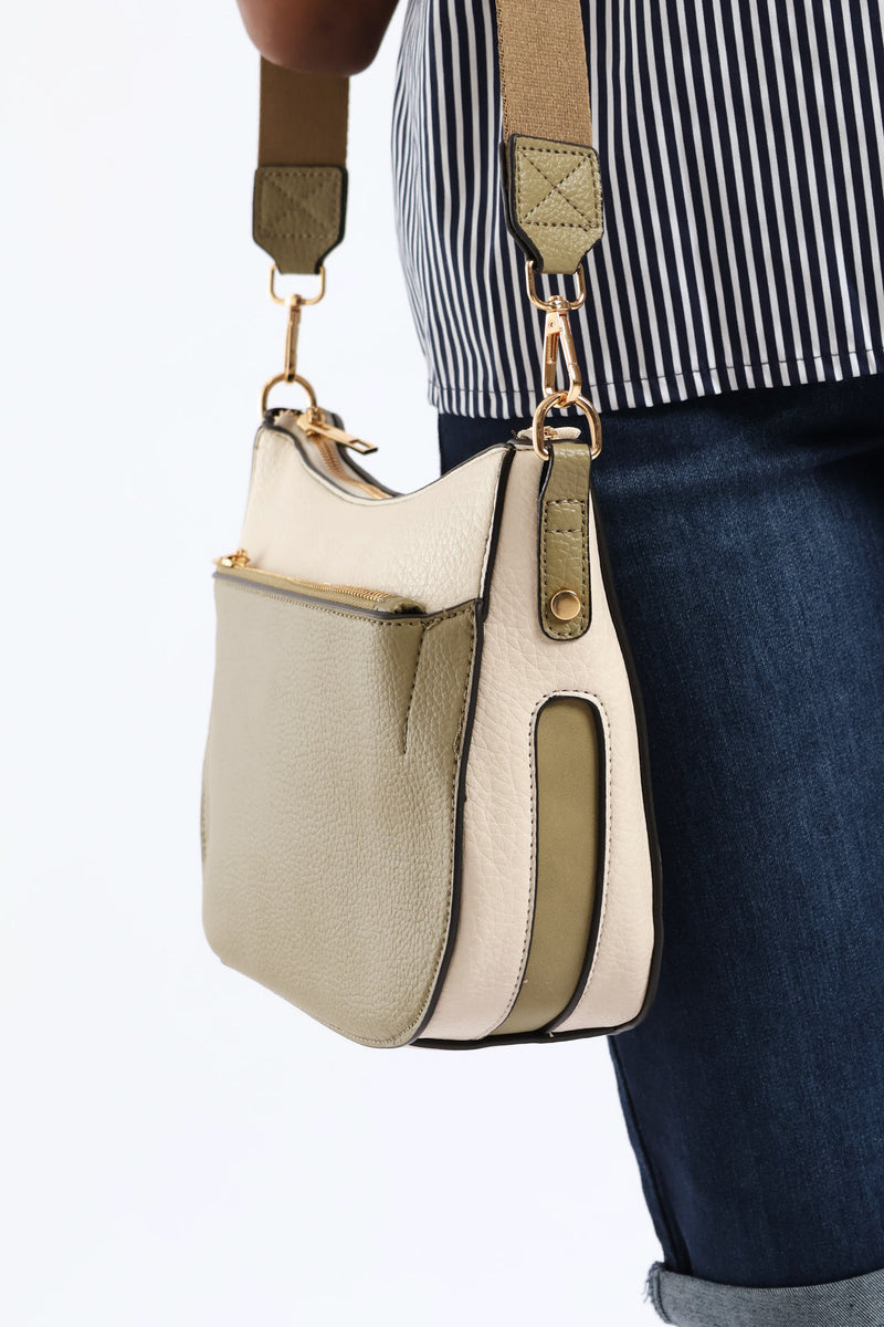 Colour Block Front Zip Curved Crossbody Bag - Olive