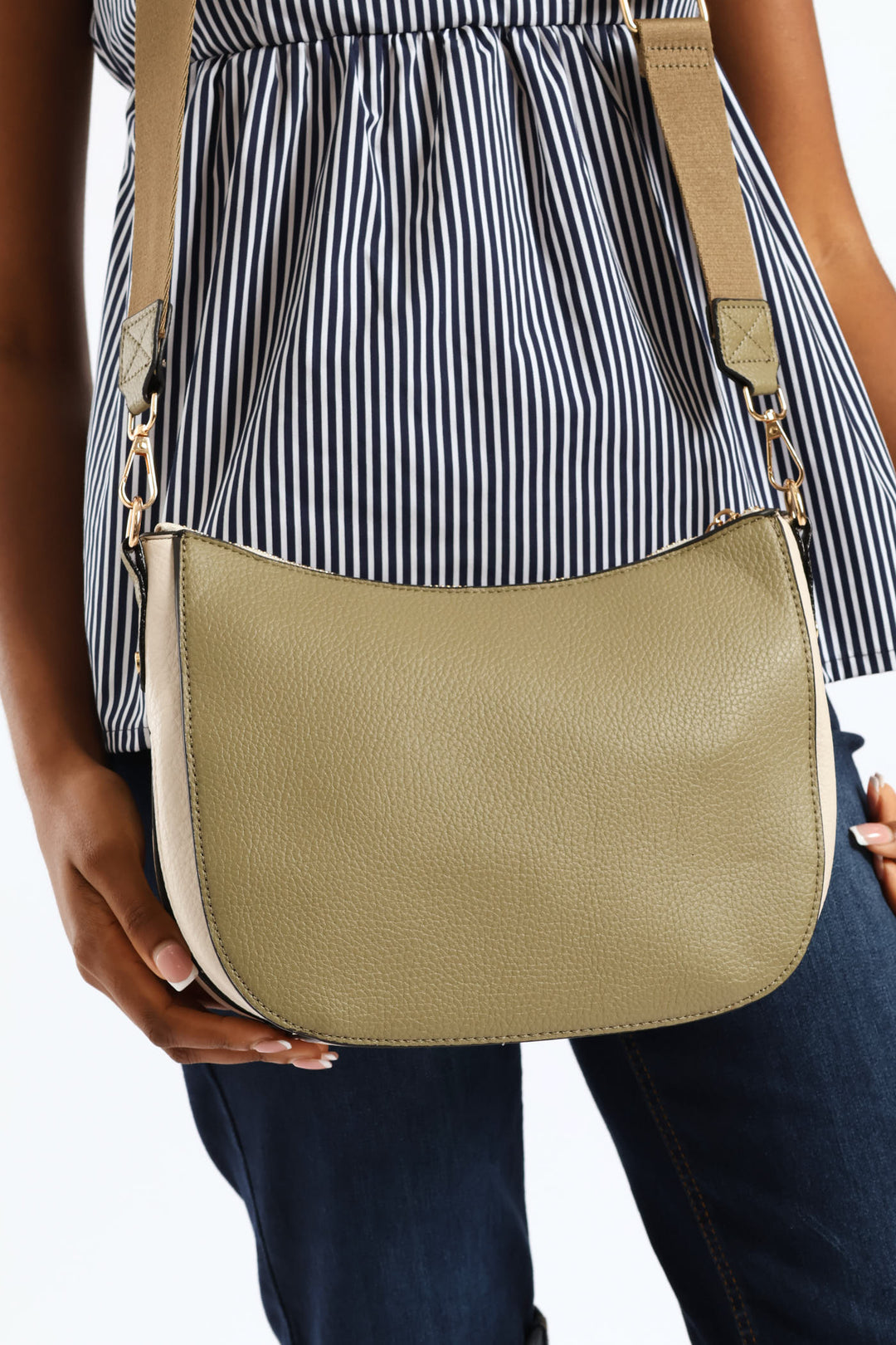 Colour Block Front Zip Curved Crossbody Bag - Olive