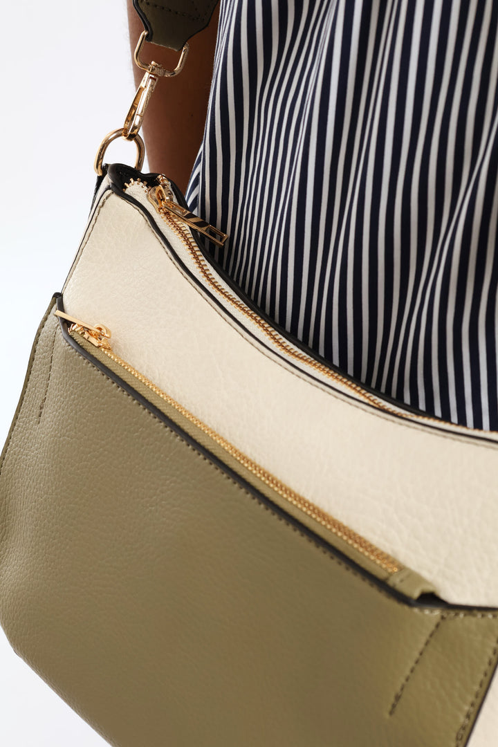 Colour Block Front Zip Curved Crossbody Bag - Olive