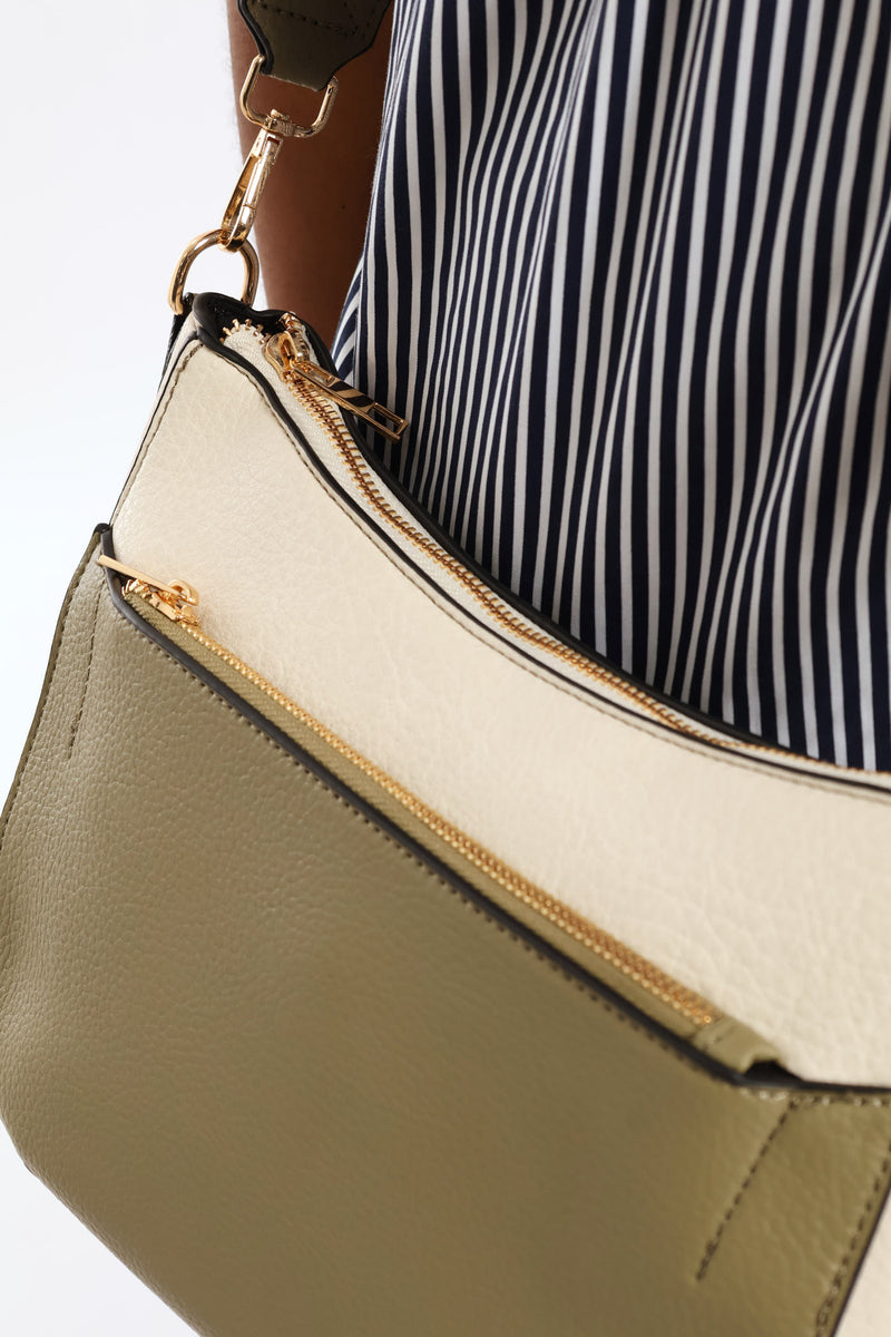 Colour Block Front Zip Curved Crossbody Bag - Olive