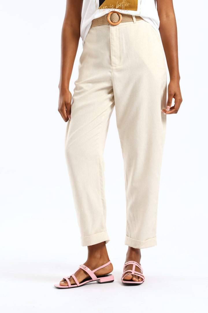 Turnup Detail Raffia Belted Tapered Trouser - Oatmeal Melange