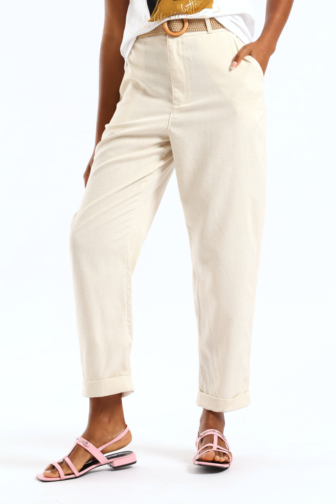 Turnup Detail Raffia Belted Tapered Trouser - Oatmeal Melange