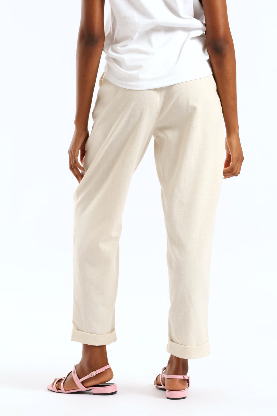 Turnup Detail Raffia Belted Tapered Trouser - Oatmeal Melange