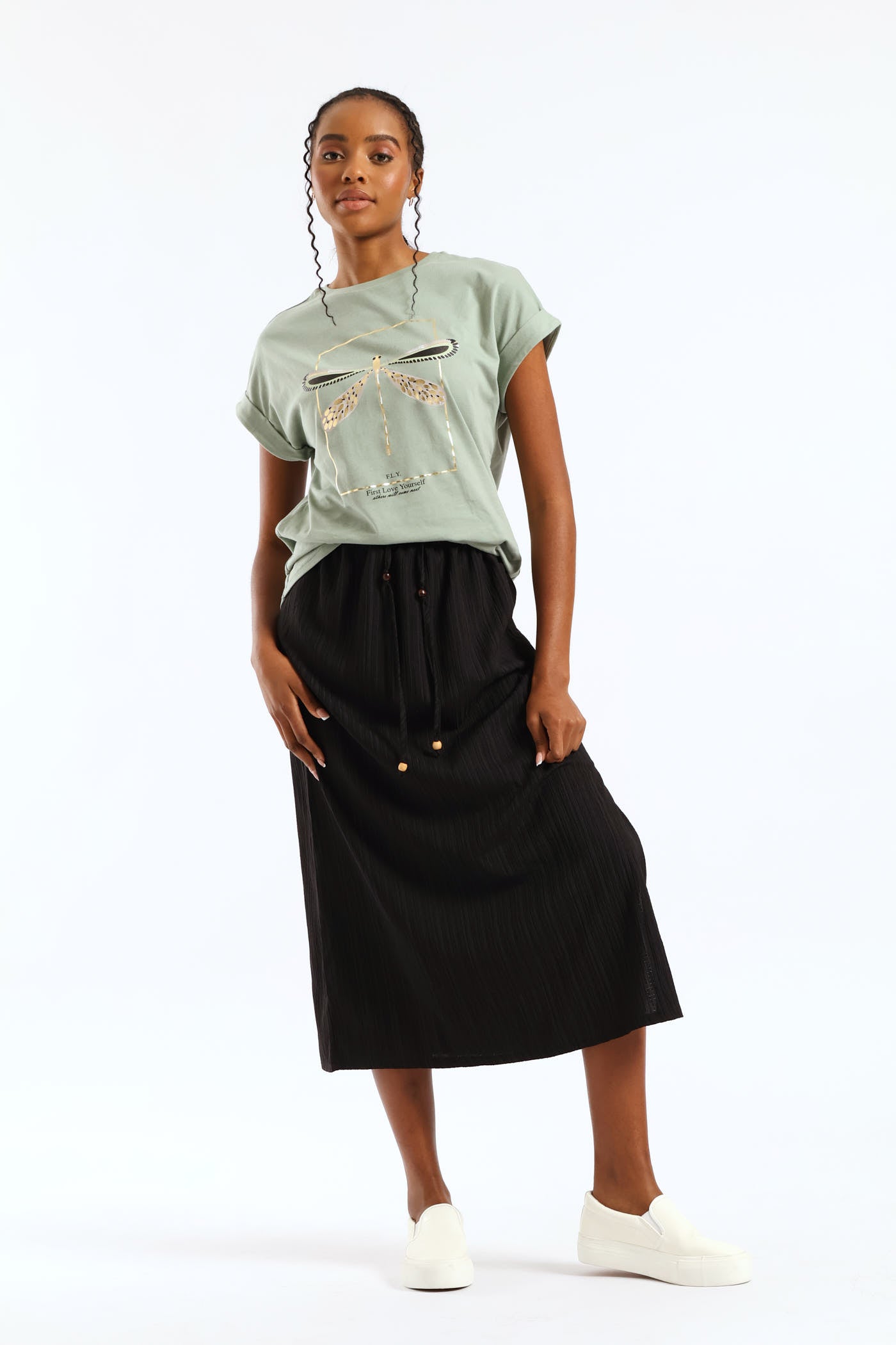 Ladies Beaded Ties Crinkle Pull-On Midi Skirt - Black – Edgars