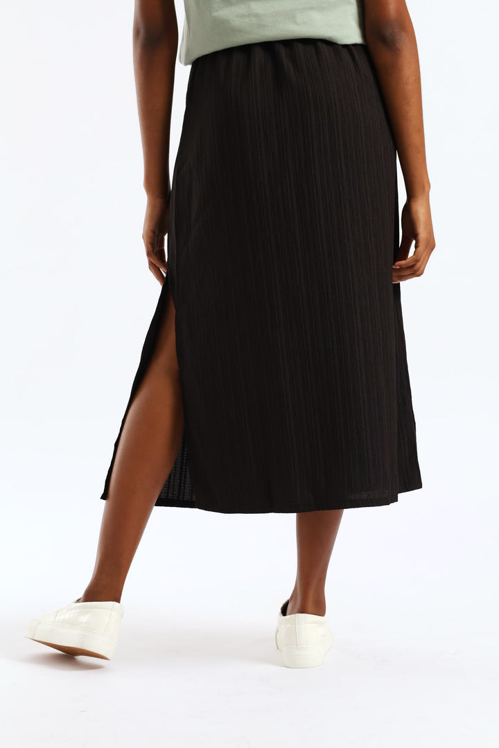 Beaded Ties Crinkle Pull-On Midi Skirt - Black