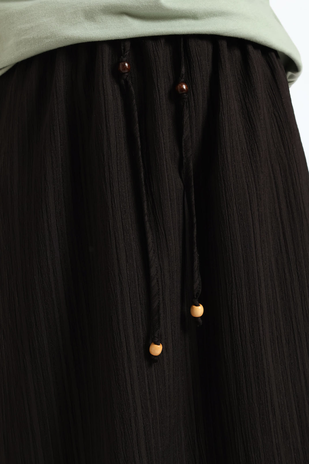 Beaded Ties Crinkle Pull-On Midi Skirt - Black