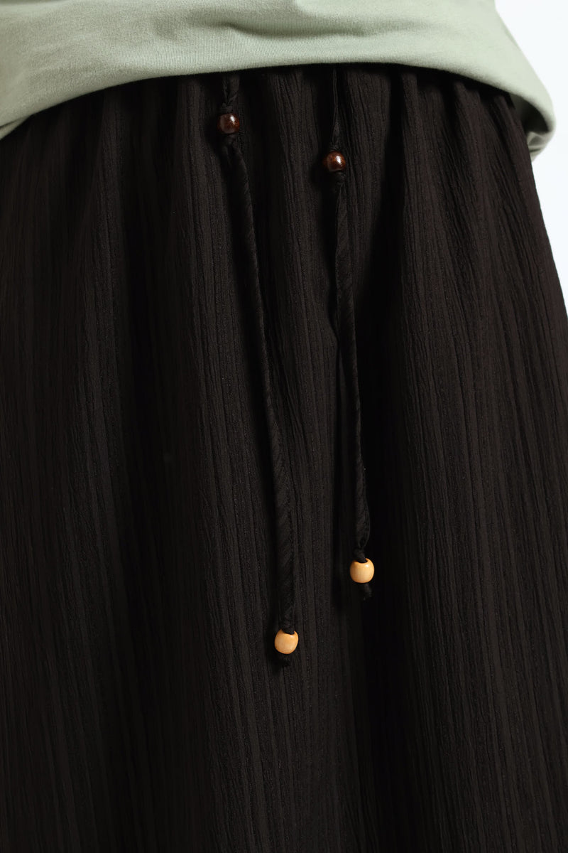 Beaded Ties Crinkle Pull-On Midi Skirt - Black