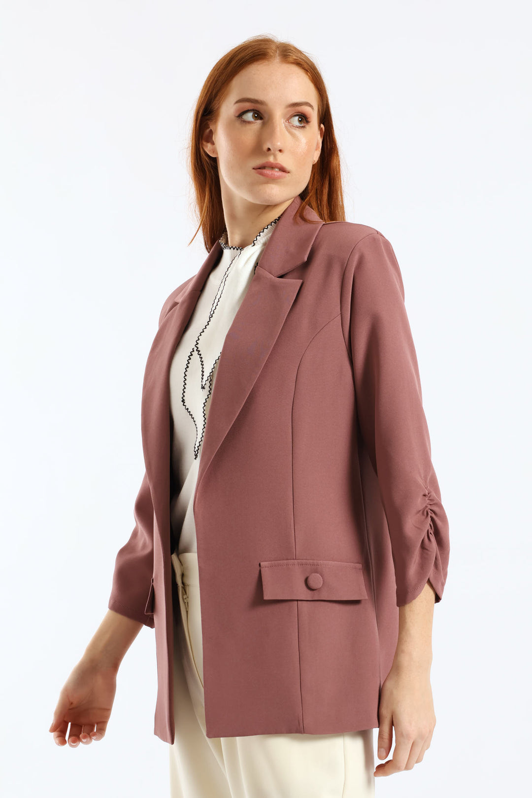 Ruched Sleeve Pocket Button Blazer - Mauve