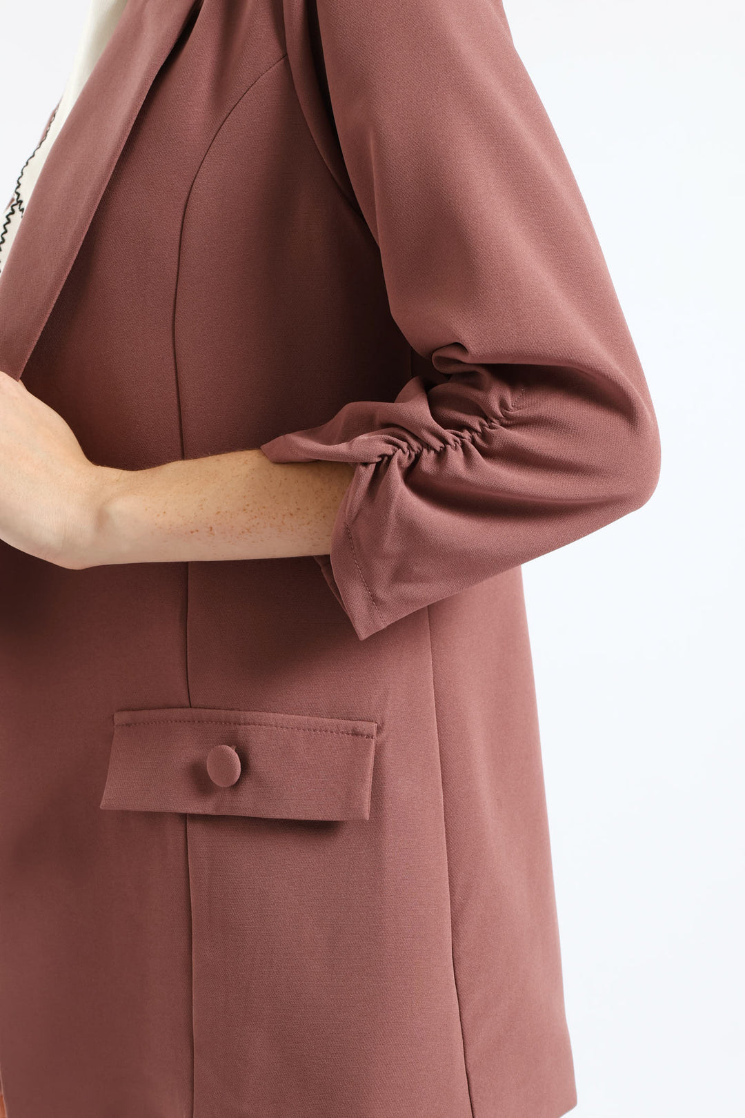 Ruched Sleeve Pocket Button Blazer - Mauve
